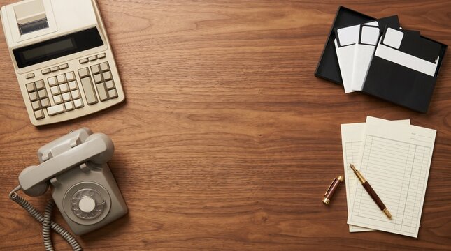 Vintage Office Supplies and Rotary Phone on Wooden Desk