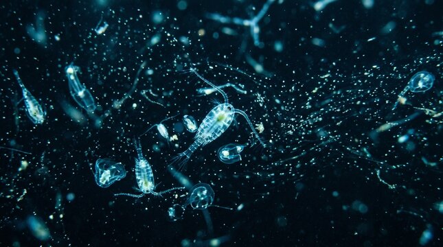 Translucent plankton and copepods glowing in dark water under microscopic view