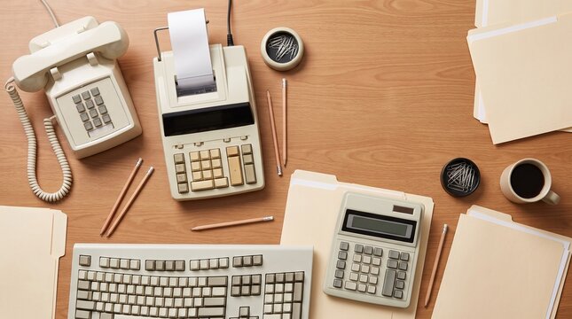 Retro office desk flat lay with vintage phone, calculators and files