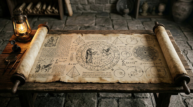 Ancient parchment scroll with mathematical diagrams and astronomical charts on a rustic wooden table