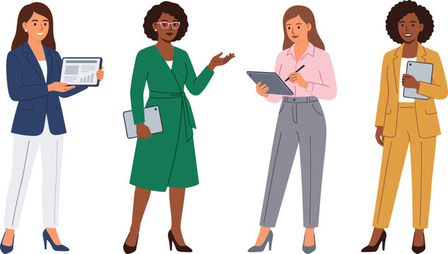 Diverse Businesswoman Character Vector Set Featuring Professional Women with Tablets and Clipboards for Business and Corporate Presentation Designs