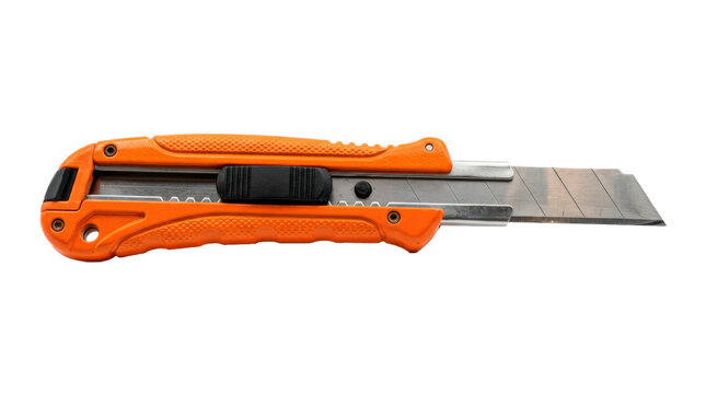 Retractable utility knife with a bright orange metal casing, textured grip, and a sharp segmented steel blade extended. Photorealistic, side 3/4 view, horizontal orientation, ultra-high-resolution 8K,