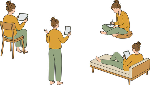 Minimalist Woman Character Vector Set Using Tablet in Different Poses Sitting on Chair Sofa Floor and Standing for Remote Work Designs