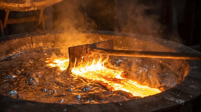 Skimming slag from molten metal in industrial foundry