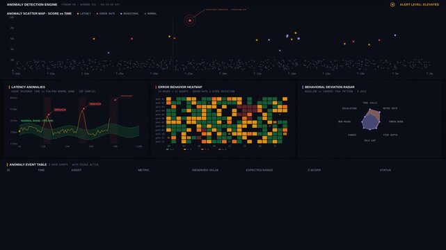 A thriller-themed 4K anomaly detection dashboard visualizing abnormal latency, errors, and task behavior with a gripping atmosphere of urgency and tension in a dark color palette.