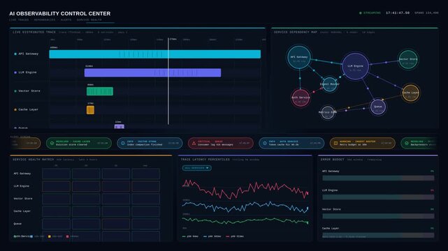 Experience a comprehensive 4K AI observability control center showcasing live traces, service health alerts, and dependencies with vibrant multi-chromatic visuals and cinematic detail.