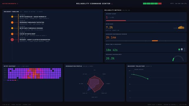 A detailed 4K reliability operations dashboard showcases incidents, retries, and recovery metrics with a clinical yet urgent atmosphere, perfect for SRE analysis and monitoring.