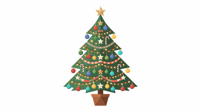 Festive Christmas Tree Decorated with Ornaments and Lights in a Pot