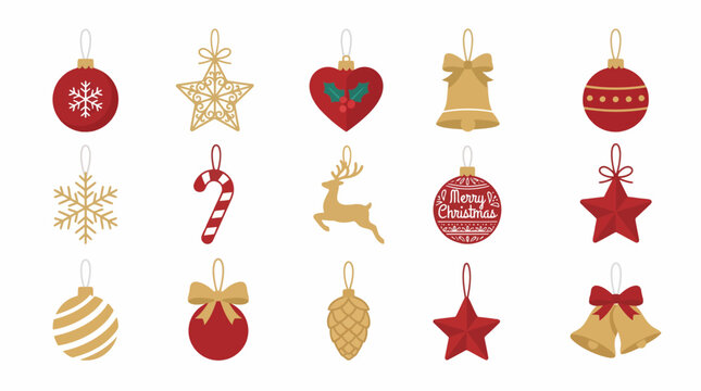 Collection of festive Christmas ornaments in red and gold colors