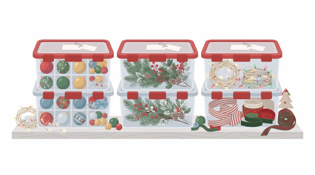 Christmas Holiday Decoration Storage Containers Organized on Shelf