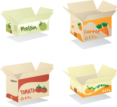 Open Cardboard Produce Boxes with Fresh Fruit and Vegetable Labels