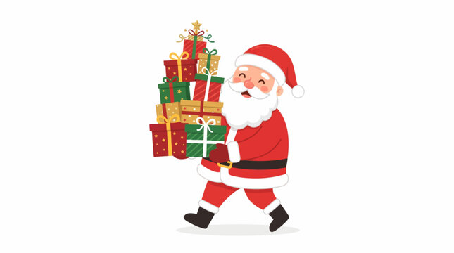 Santa Claus carrying a large stack of colorful Christmas presents