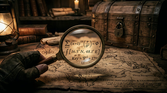 Magnifying glass focused on mysterious map coordinates with treasure chest and antique lantern