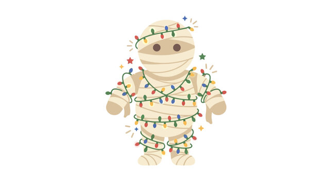 Cute Halloween mummy character wrapped in colorful Christmas fairy lights for festive celebration flat design vector illustration.
