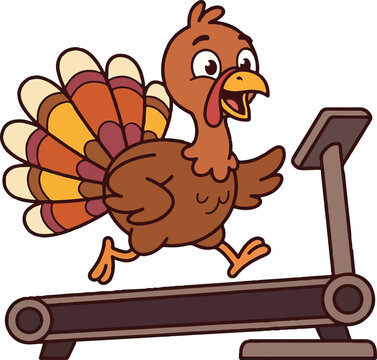 Turkey running on a treadmill colorful vector illustration