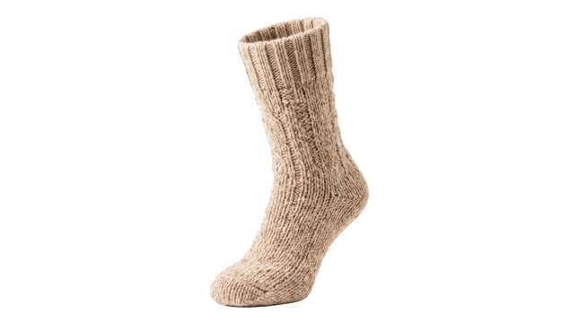 Single wool sock with a thick cozy knit, ribbed cuff and warm textured natural-fiber construction, photorealistic, front 3/4 view, vertical orientation, ultra-high-resolution 8K fashion product