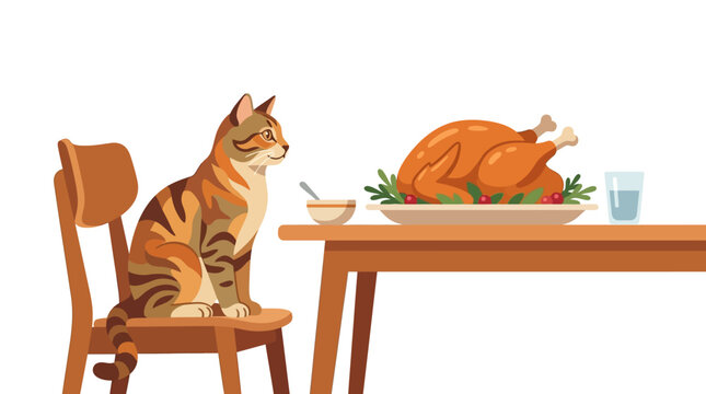 Hungry tabby cat sitting on chair watching roasted turkey on holiday dinner table flat design vector illustration.
