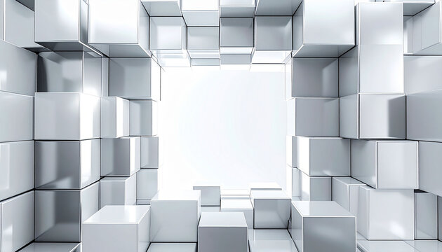 光沢のある銀色の立方体が積み重なり中央に広い空間を作る構造体でビジネスの課題や組織の崩壊といった危機的状況を抽象的に表現した背景素材　整然と並ぶメタリックなブロックが奥行きを生み出し中央の白いエリアには文字入れや商品画像の合成が可能なコピースペースを確保　企業のプレゼン資料の表紙やウェブサイトのメインビジュアル、広告バナー、動画のサムネイル、コンセプトを示すグラフィックデザイン