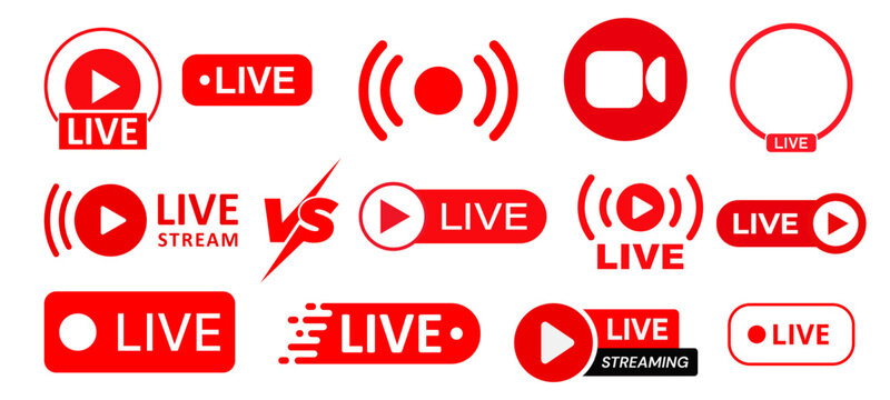 Live streaming red icon set. live broadcasting buttons and symbols. online stream icons. live stream logo vector illustration.