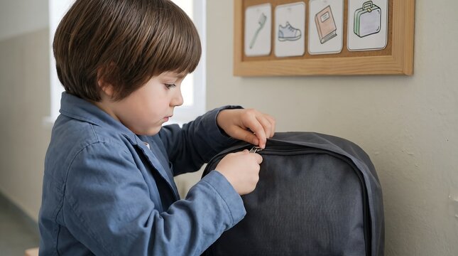 Child Packing Backpack Independently During Morning Routine