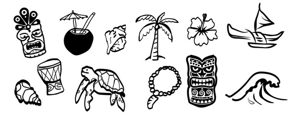 Polynesian culture doodle icon set hand drawn vector illustration, Various Hawaiian tropical symbols set. © VectorStar