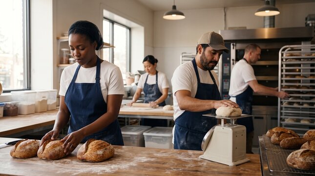 Diverse team of bakers working together in a professional bakery preparing fresh bread and dough