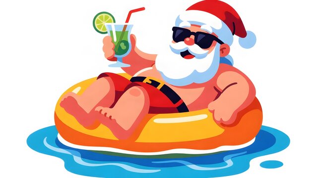 Santa Claus relaxing on yellow float in pool holding refreshing tropical cocktail drink