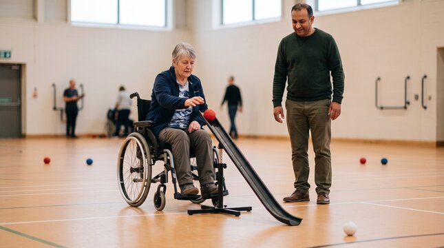 Woman in wheelchair plays boccia with assistance from a man in a sports hall