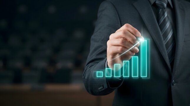 A professional businessman drawing a glowing neon financial growth bar chart graphic