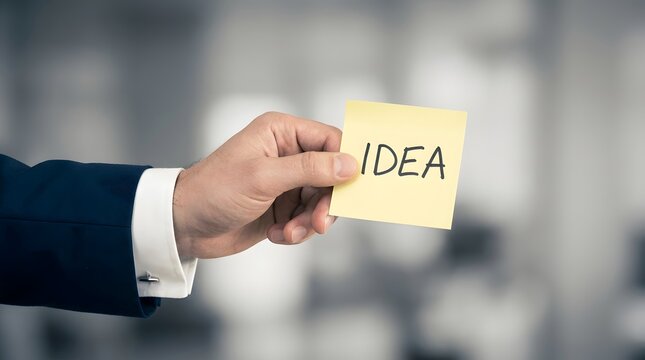 A professional hand holding a yellow sticky note with the word idea