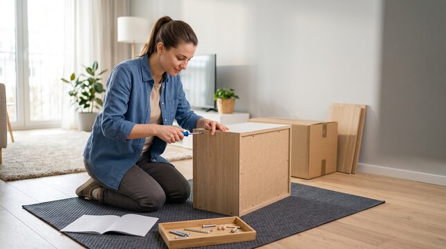 Woman assembling flat pack furniture in a bright living room with tools and instructions