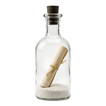 Glass bottle with message scroll and sand on transparent background