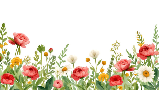 Spring border. Watercolor colorful wildflower floral clipart - flower meadow green red yellow herbs leaves. Wedding invitation, fashion, background, textile. Peony, rose, shamrock, chamomile.