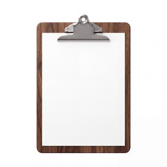 Fototapeta premium Clean Blank White Paper on a Dark Wood Clipboard Isolated on White Background, Top View Professional Stationery Mockup for Business, Medical, or Education Planning and Checklists