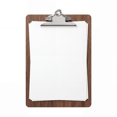 Fototapeta premium Blank White Paper Sheets on a Classic Wooden Clipboard with Metal Clip Isolated on White Background, Professional Mockup for Business Forms, Medical Checklists, Surveys, or Legal Documents