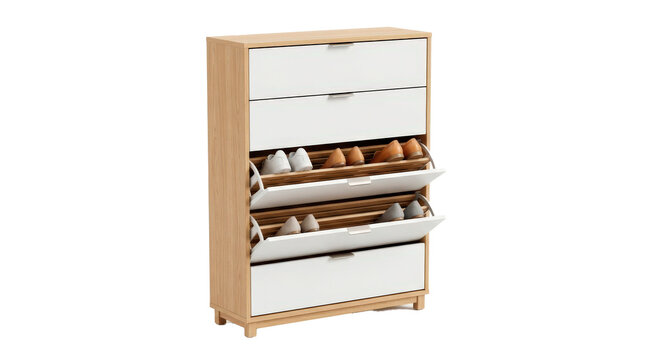 Shoe cabinet with compact rectangular body, multiple storage compartments and clean modern entryway furniture styling, photorealistic, front 3/4 view, vertical orientation, ultra-high-resolution 8K