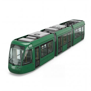 Modern Green Articulated Streetcar or Light Rail Vehicle Isolated on White Background, Representing Sustainable Urban Public Transportation, City Infrastructure, and Eco-Friendly Commuting.