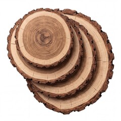 Fototapeta premium Stack of natural wood slices with visible annual growth rings and rough bark edges isolated on white background, rustic round timber cross sections for home decor and craft projects