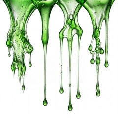 Fototapeta premium Abstract Green Viscous Liquid Dripping with Air Bubbles Isolated on White Background, Gooey Slime or Cosmetic Gel Texture Falling Downwards, Creative Macro Concept of Fluid Motion and Viscosity