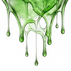 Fototapeta premium Viscous Green Liquid Slime or Cosmetic Gel Dripping with Air Bubbles Isolated on White Background, Abstract Concept of Natural Herbal Extract, Aloe Vera, or Chemical Fluid Flowing Down