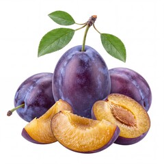 Fototapeta premium Fresh Ripe Blue Plums with Green Leaves, Whole Fruits and Slices Isolated on White Background, Sweet Organic Juicy Prunes for Healthy Diet, Vegan Food and Nutrition Concept