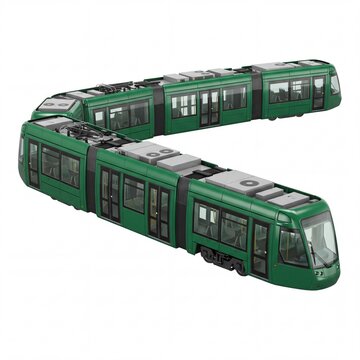 Modern Green Articulated Tram or Light Rail Vehicle for Public Urban Transportation Isolated on White Background, Sustainable City Mass Transit Commuting System 3D Illustration