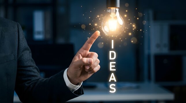 A Professional Businessman Pointing Towards A Glowing Light Bulb Representing Creative Ideas