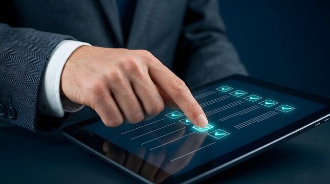 A Professional Businessman Checking Off Tasks On A Modern Digital Tablet Screen