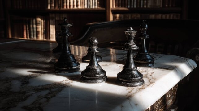 Intricately carved dark wooden chess pieces poised on a marble surface with bookshelves in the background