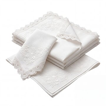 Elegant Set of White Linen Napkins with Intricate Floral Embroidery and Decorative Lace Edging, Neatly Folded and Isolated on a White Background for Formal Dining, Weddings, and Luxury Home Decor