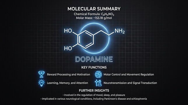 Dopamine Molecule Scientific Infographic Displaying Chemical Formula and Functions
