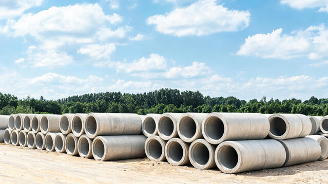 Precast concrete drainage pipes stacked at an outdoor construction material storage site, with trees and sky in background.