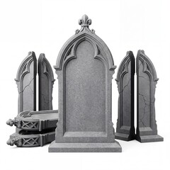 Obraz premium Collection of several blank gothic tombstones and gravestones made of gray stone or granite, isolated on a white background for memorial, cemetery, or Halloween concept design.