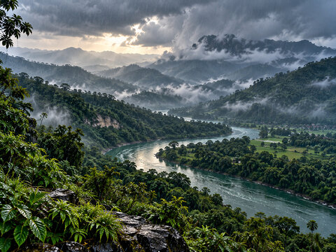 Majestic Mountain River Valley Flowing Through Lush Green Tropical Rainforest Jungle